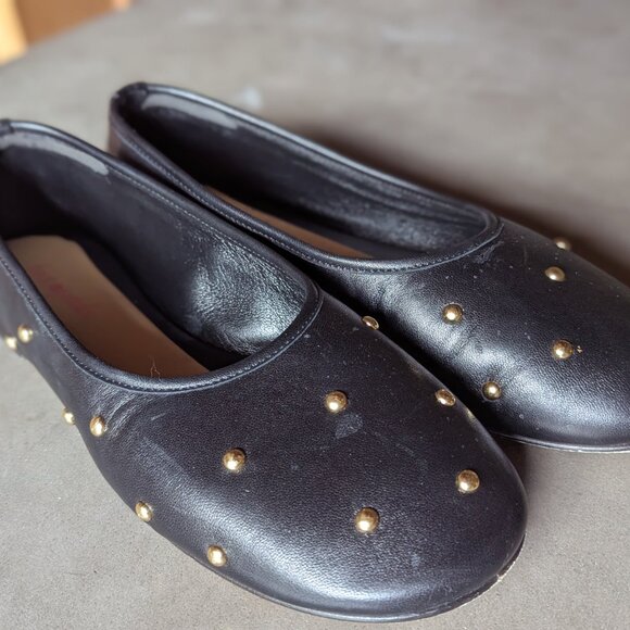 Dear Frances | Black Leather Bala Gold Studs Ballerina Flats | 38 - Picture 10 of 16